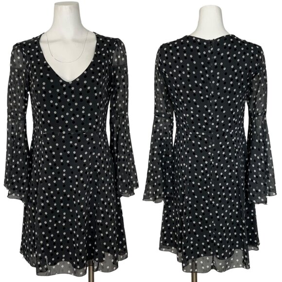 Nadine Milano Mini Dress 44 US/12 Gray Polka Dot Bell Sleeve A-Line V-Neck Italy - Picture 1 of 12